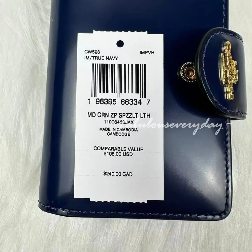 Coach Medium Corner Zip Wallet In Leather/Gold/True Navy CW526 NWT